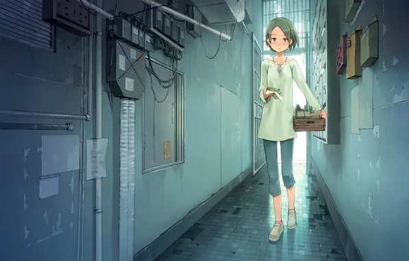 Картинка провода, арт, коридор, девочка, записи, ящик, yoshida seiji