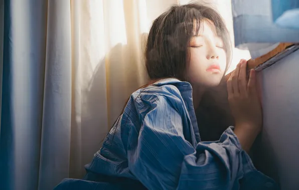 Beautiful, Asian, Model, Woman, Pretty, Window, Shirt, Closed Eyes