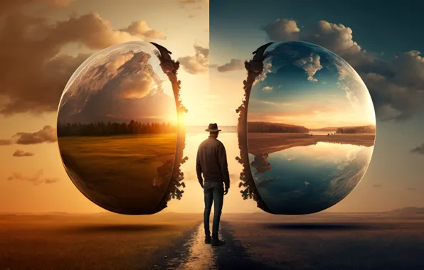 Сюрреализм, отражение, прозрачные сферы, дорога, sunset, reflection, мужчина, поле