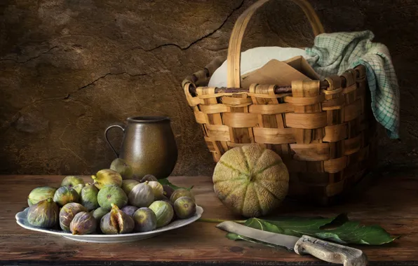 Еда, нож, кружка, натюрморт, корзинка, предметы, инжир