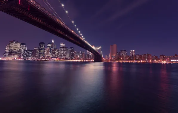 Картинка ночь, город, огни, небоскребы, США, Бруклинский мост, Манхэттен, Manhattan