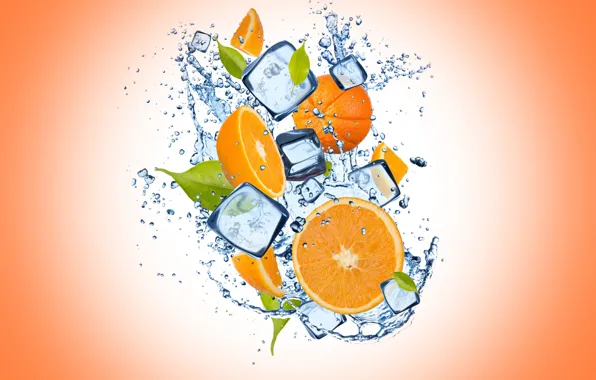 Картинка лед, вода, капли, апельсин, ice, оранжевый фон, water, дольки