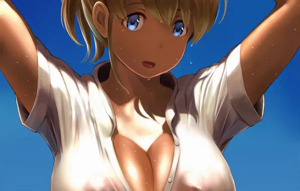 Girl, sexy, wet, cleavage, boobs, anime, blue eyes, beautiful