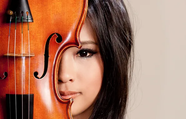 Взгляд, девушка, музыка, скрипка, азиатка