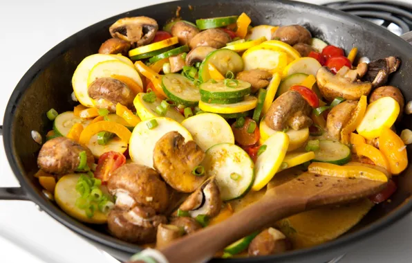 Картинка грибы, перец, овощи, сковорода, кабачки