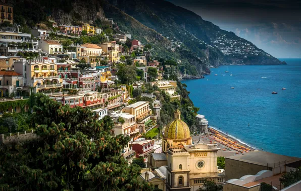 Море, пейзаж, побережье, здания, Италия, залив, Italy, Campania