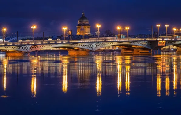 Картинка ночь, мост, огни, река, фонари, Russia, питер, санкт-петербург