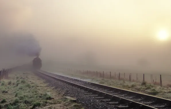 Туман, рельсы, поезд, утро, Steam train in the fog