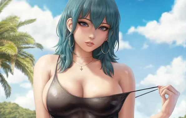 Girl, sexy, wet, cleavage, long hair, boobs, anime, beautiful