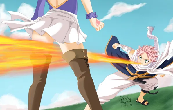 Аниме, арт, Fairy Tail, Нацу, Люси, Хвост феи