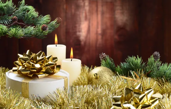 Картинка шары, елка, свечи, Новый Год, Рождество, мишура, Christmas, New Year