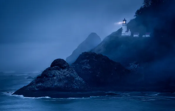 Картинка океан, скалы, маяк, Oregon, Heceta Head Lighthouse