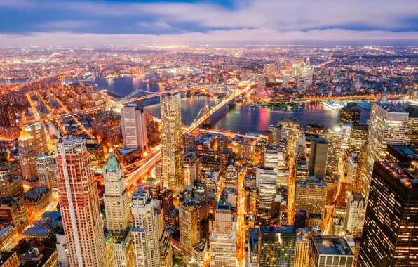 Картинка река, здания, Нью-Йорк, панорама, мосты, ночной город, Манхэттен, небоскрёбы