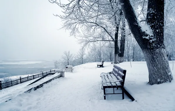 Картинка фото, Природа, Зима, Снег, Скамейка, Ствол дерева