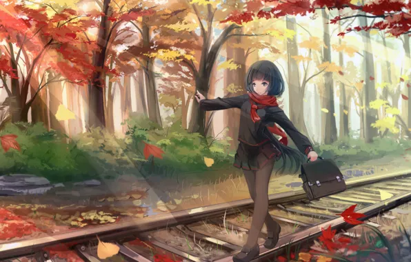 Картинка школьница, арт, деревья, аниме, листья, kikivi, форма, девушка, пути, осень