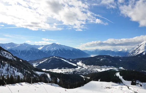 Снег, горы, город, Австрия, mountains, snow, Austria, Тироль