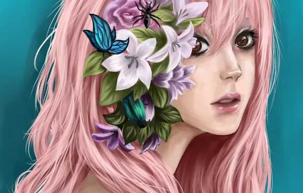 Девушка, цветы, жук, арт, розовые волосы