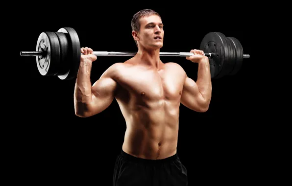Поза, фигура, muscle, мышцы, штанга, фон black, пресс, бодибилдер