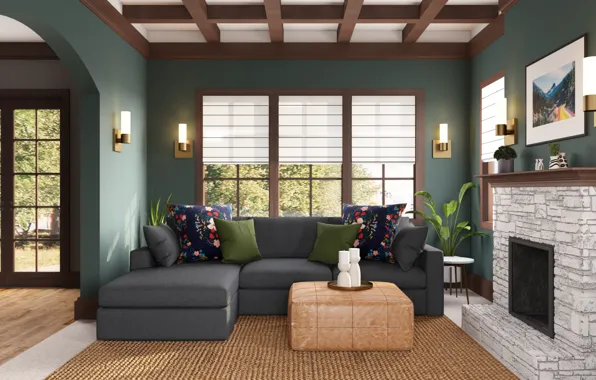 Дизайн, стиль, интерьер, камин, софа, гостиная, Bohemian, Midcentury Modern and Eclectic Living Room