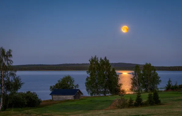 Озеро, луна, вечер, Финляндия
