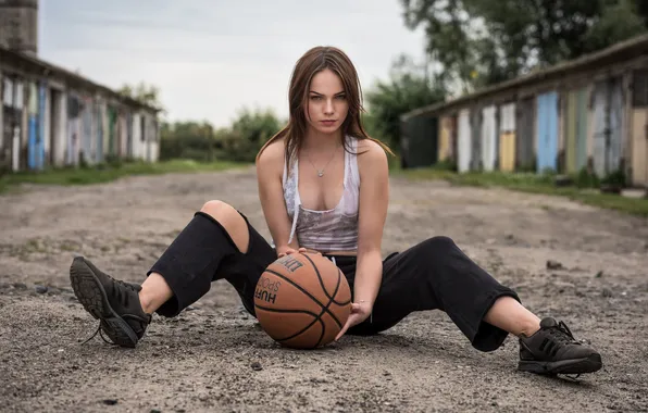 Girl, jeans, cute, T-shirt, ripped, basketball ball
