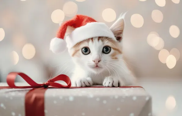 Кошка, белый, взгляд, поза, котенок, подарок, Рождество, Новый год