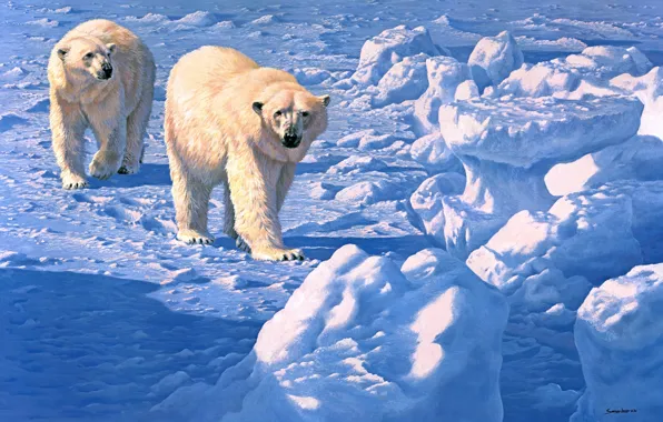 Картинка зима, снег, медведи, живопись, белый медведь, John Seerey-Lester, Along the Ice Floe, полярный