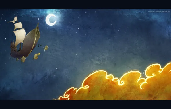 Картинка ночь, корабль, летающие рыбы