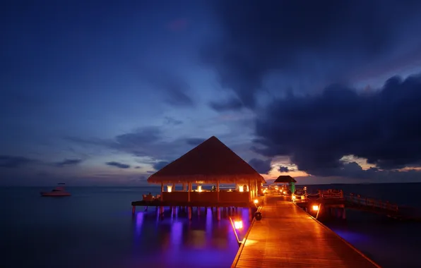 Картинка океан, пирс, Мальдивы, beach, бунгало, sea, ocean, sunset