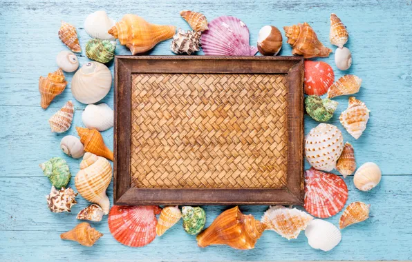 Ракушки, summer, wood, marine, starfish, composition, seashells