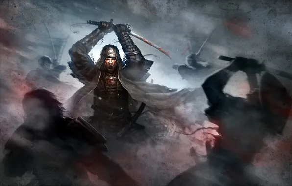 Картинка кровь, меч, катана, арт, ярость, самурай, броня, битва