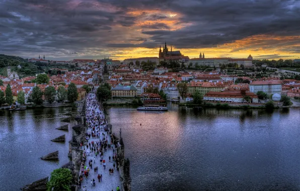 Город, река, люди, вечер, Прага, Чехия, Prague, Czech