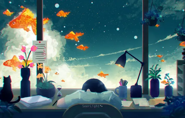 Кошка, небо, девушка, стол, спит, золотые рыбки, by SeerLight