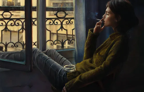 Картинка девушка, окно, арт, сигарета, курит, пепельница