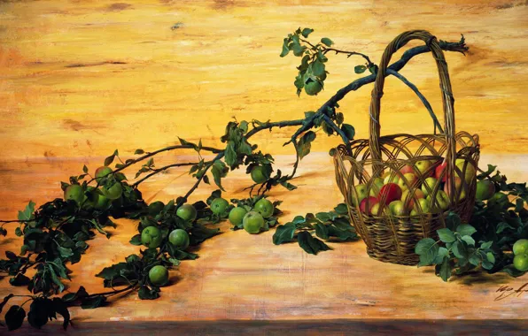 Картинка корзина, картина, фрукты, натюрморт, Юрий АРСЕНЮК, Сломанная Ветка Яблони