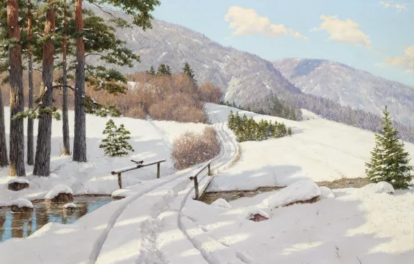 Картинка зима, лес, снег, деревья, пейзаж, горы, мост, река