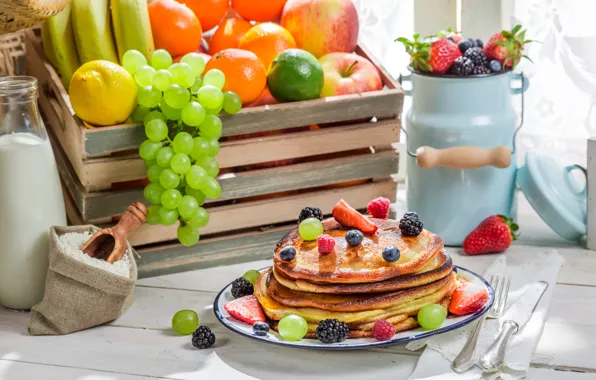 Ягоды, фрукты, блины, выпечка, fruit, berries, breakfast, pancakes