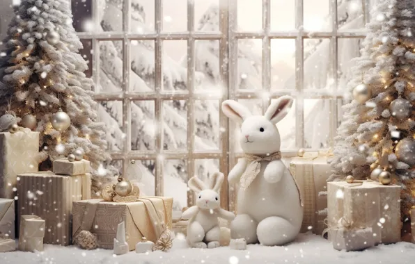 Зима, снег, шары, елка, Новый Год, Рождество, подарки, golden