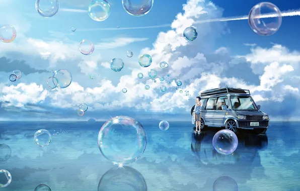 Машина, небо, вода, облака, отражение, пузыри, аниме, арт