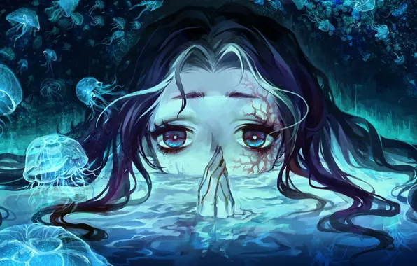 Картинка глаза, вода, девушка, аниме, арт, медузы, silverwing