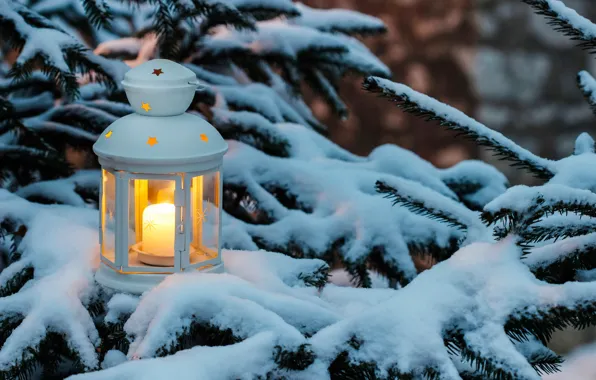 Картинка зима, снег, праздник, ветви, елка, свеча, Рождество, Фонарь