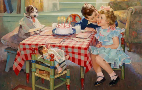 Картинка American painter, американский художник, oil on canvas, Поцелуй на день рождения, Birthday Kisses, Фредерик Сэндс …