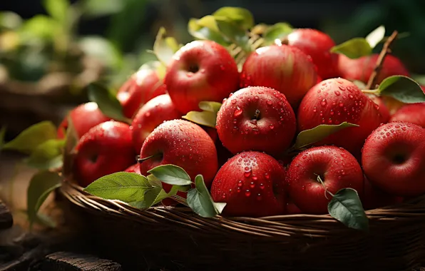 Листья, капли, корзина, яблоки, влага, урожай, плоды, красные
