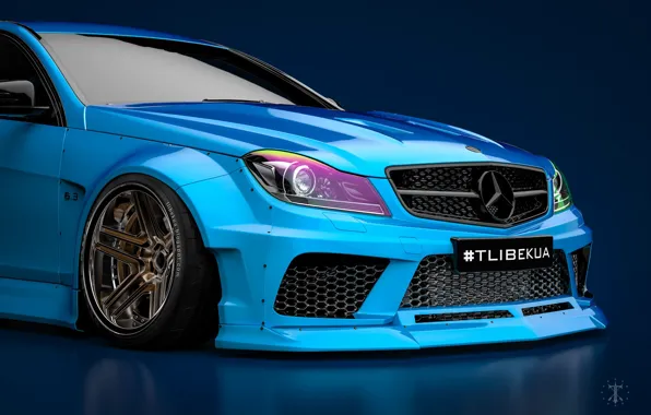 Mercedes-Benz, Синий, Машина, Синий фон, Mercedes, Автомобиль, C63, Widebody