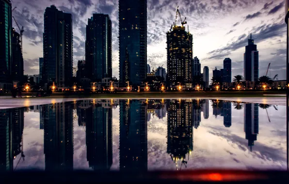 Картинка city, lights, Dubai, twilight, sky, sunset, photographer, water