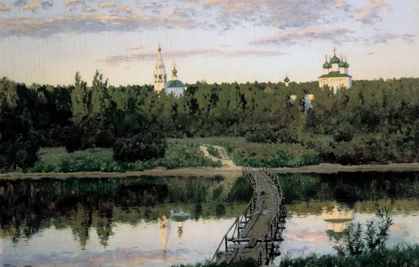 Картинка мост, река, церковь, Левитан, обитель, тихая