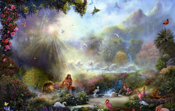 Картинка лес, бабочки, пейзаж, цветы, птицы, природа, рай, кони