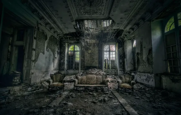 Диван, зал, DESTROYING ANGEL, два кресла, разрушенное помещение