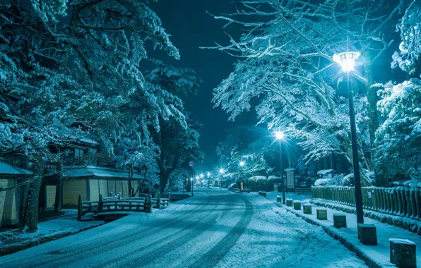 Картинка зима, дорога, снег, ночь, город, дом, улица, фонари