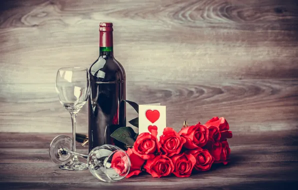 Подарок, вино, бокалы, red, love, romantic, hearts, valentine's day